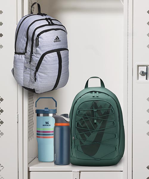 Backpacks and water bottles.